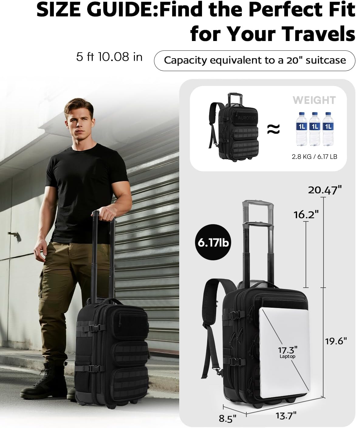 Rolling Tactical Laptop Backpack, 17 Inch Wheeled Military Computer Backpack for Men and Women, Roller Carry on Luggage for Work Travel, Overnight Molle Outdoor Hiking Bag with Wheels, Black